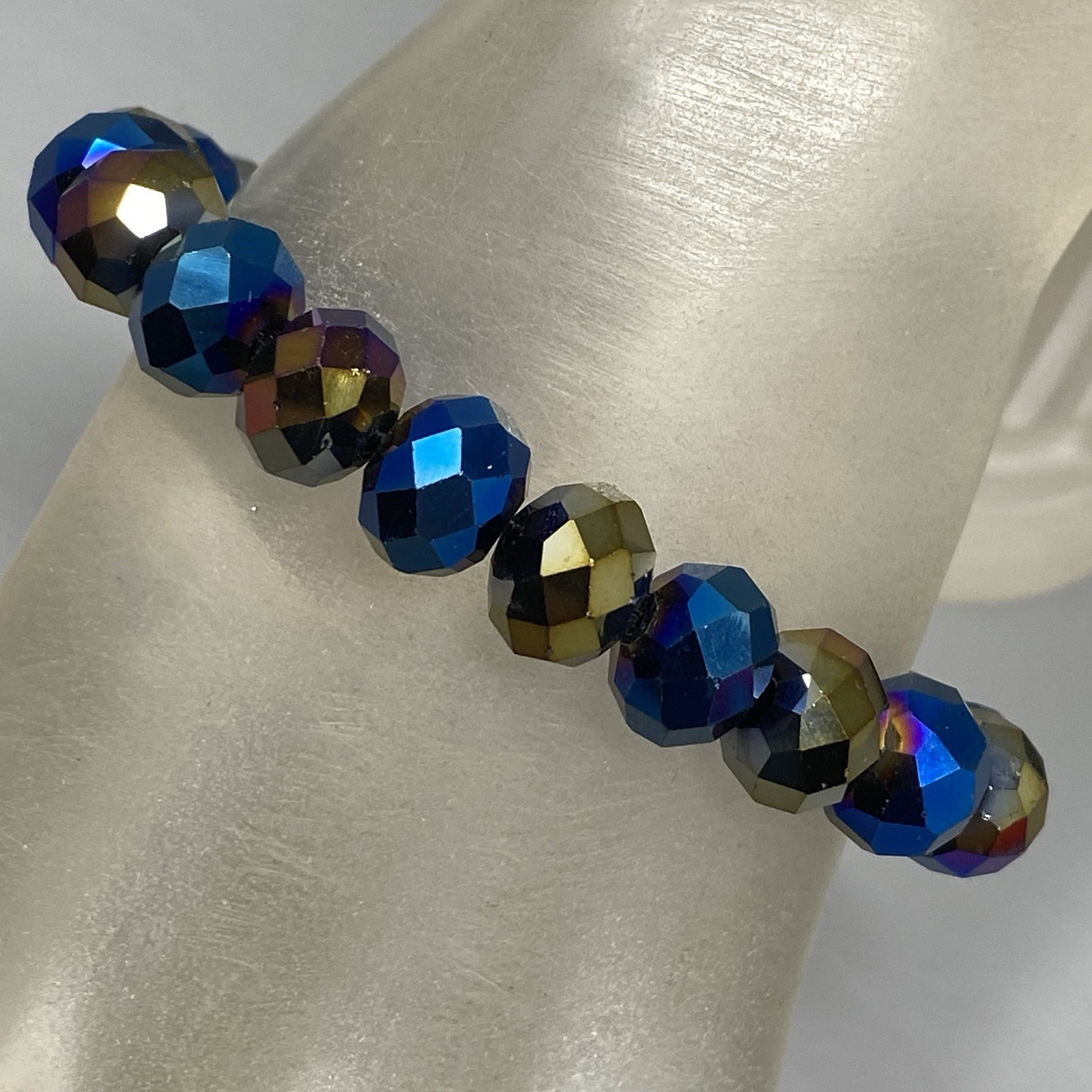 Blue Brown Metallic Bead Bracelet Stretch Faceted Glass Coated Iridescent 6.75″