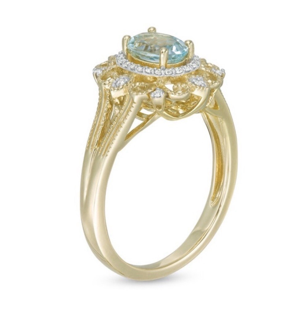 Solid 10K 10Kt Yellow Gold Natural Oval Aquamarine Diamond Women’s Ring Size 8.5