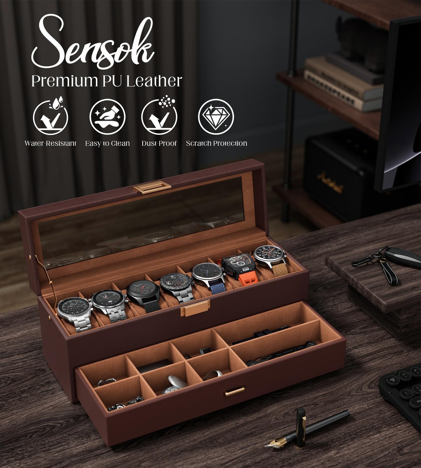sensok Watch Case Box for Men – 7 SLots Watches Storage 7 Slots, Brown, Brown