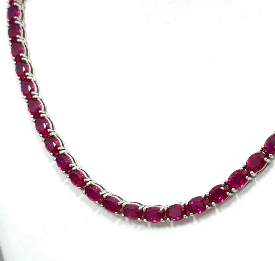 20TCW Oval Cut Lab Created Pink Ruby Tennis Necklace 14k White Gold Plated