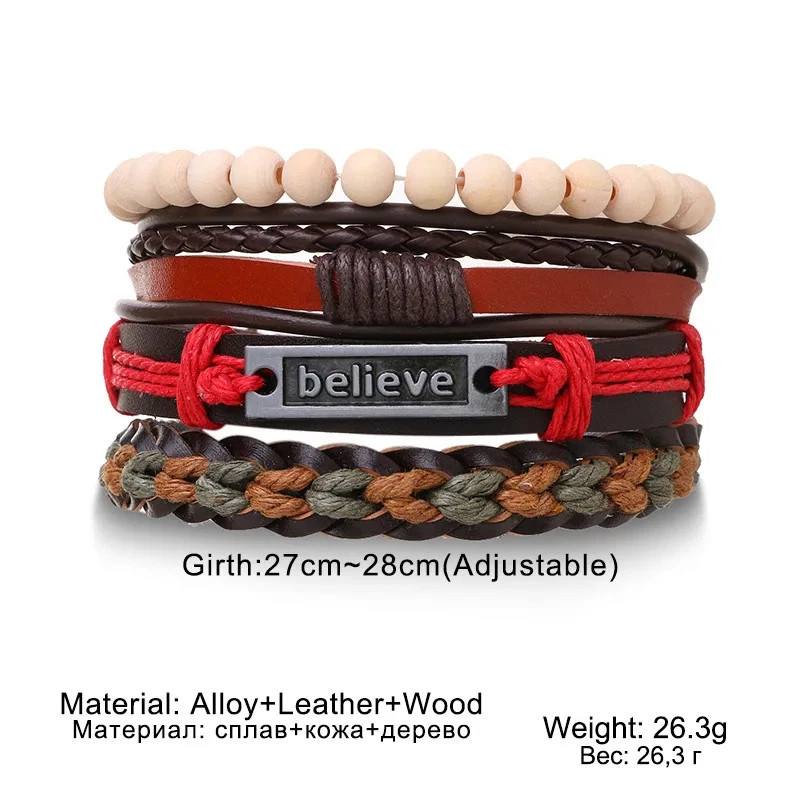 4Pcs/ Set Braided Wrap Leather Bracelets for Men Vintage Life Tree Rudder Charm