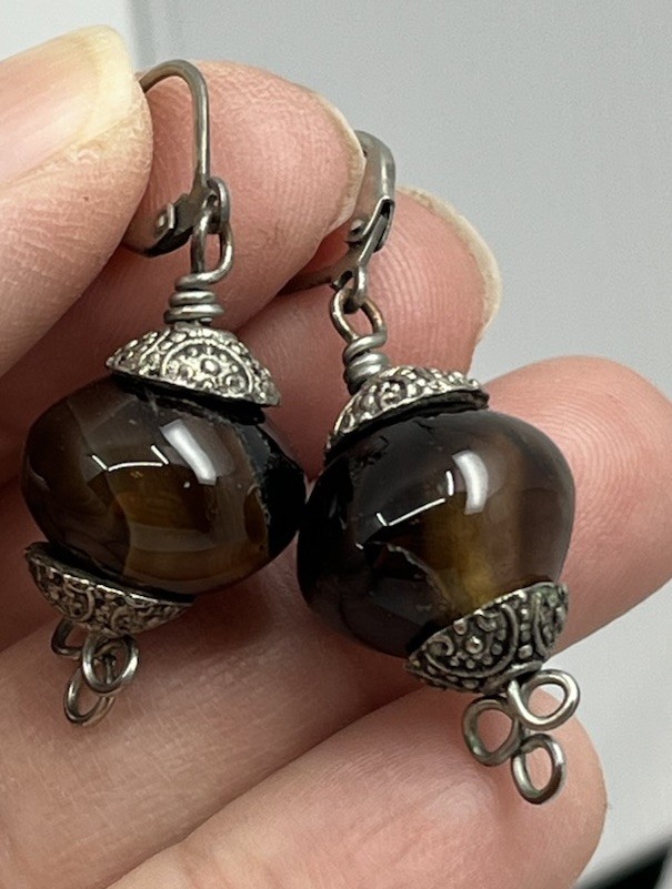 Artisan Silvertone Tiger’s Eye Filigree Earrings Secure Hook 1.25”