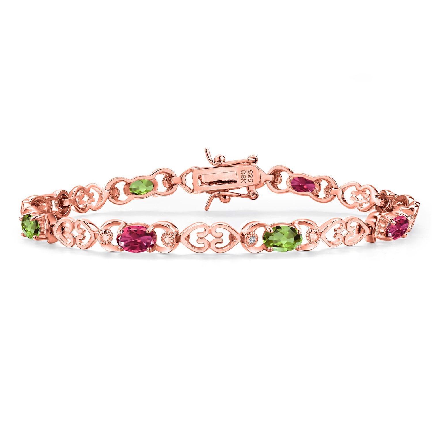 18K Rose Gold Plated Silver Pink Tourmaline and Peridot and Lab Grown Diamond