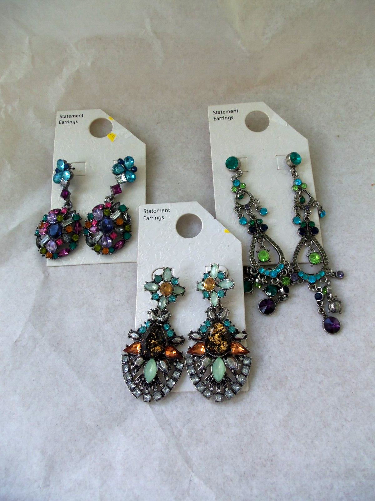 Fancy Jeweled Dangly Statement Earrings Lot! 3! PIERCED! COSTUME JEWELRY!