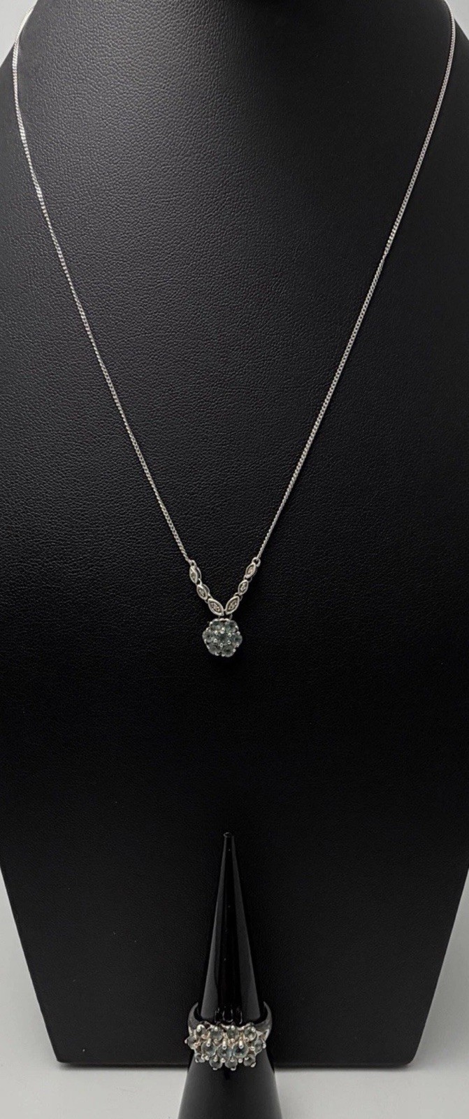 Sterling Silver Aqua Glass Cluster Necklace Ring Set Size 5.25 Gift 18.5 in