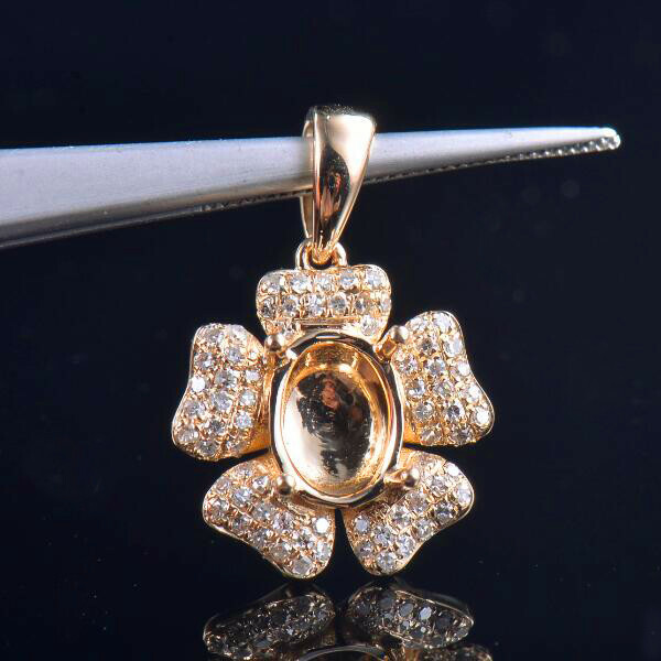 Oval Cut 7×5MM 14K Yellow Gold Natural Diamond Semi Mount Flower Pendant Setting