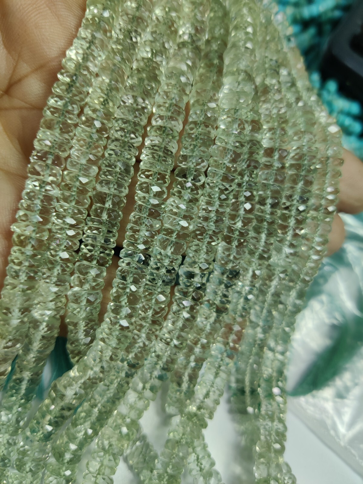 AAA PRASIOLITE GREEN AMETHYST WHEEL TIRE FACETED 6-7 MM BEADS 8″ STRANDS