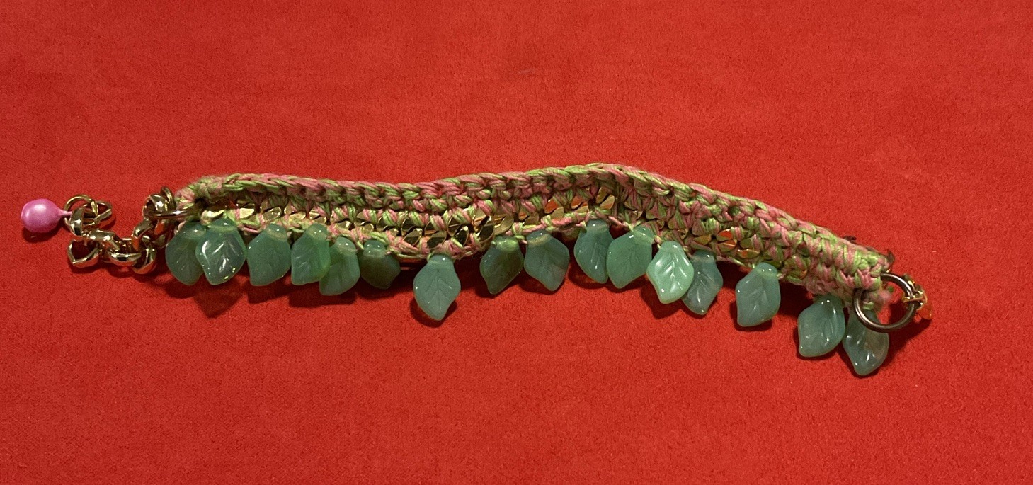 Venessa Arizaga Handcrafted Crochet Bracelet Faceted Green Crystals Leaf Charms