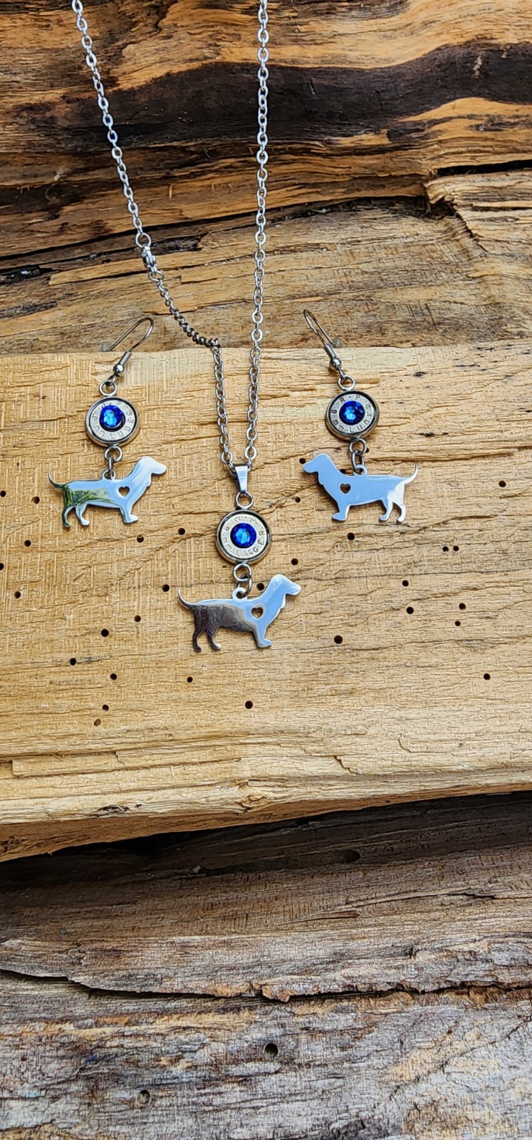 Stainless Dachshund Dog Bullet Necklace and Earrings. Optional Crystals.