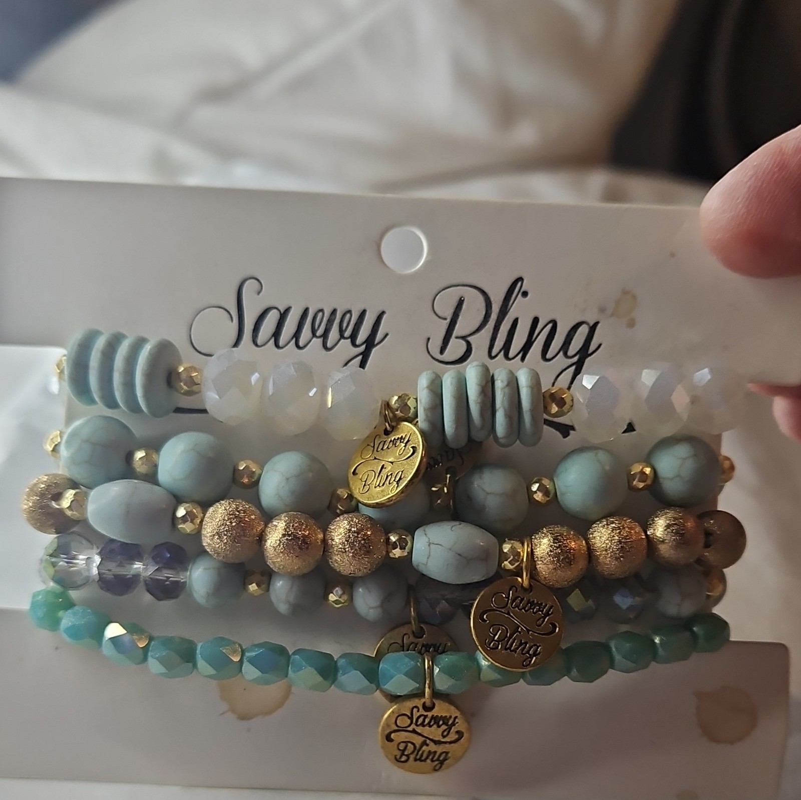 Savvy Bling Beaded Charm Bracelet Stack Set Blue/Gold Tone Dangle Charms