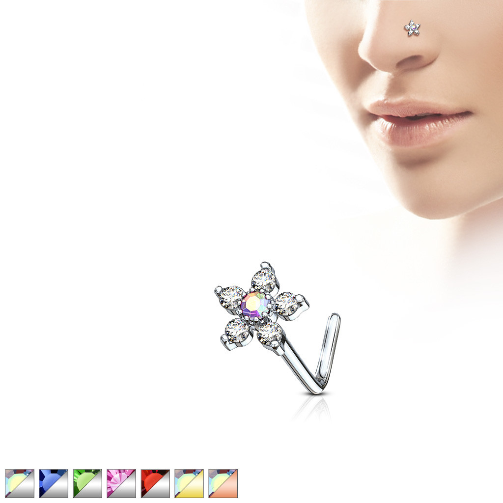 1pc Six CZ Gem Paved Flower Top 20g L-Bend Nose Ring Stud Screw Surgical Steel