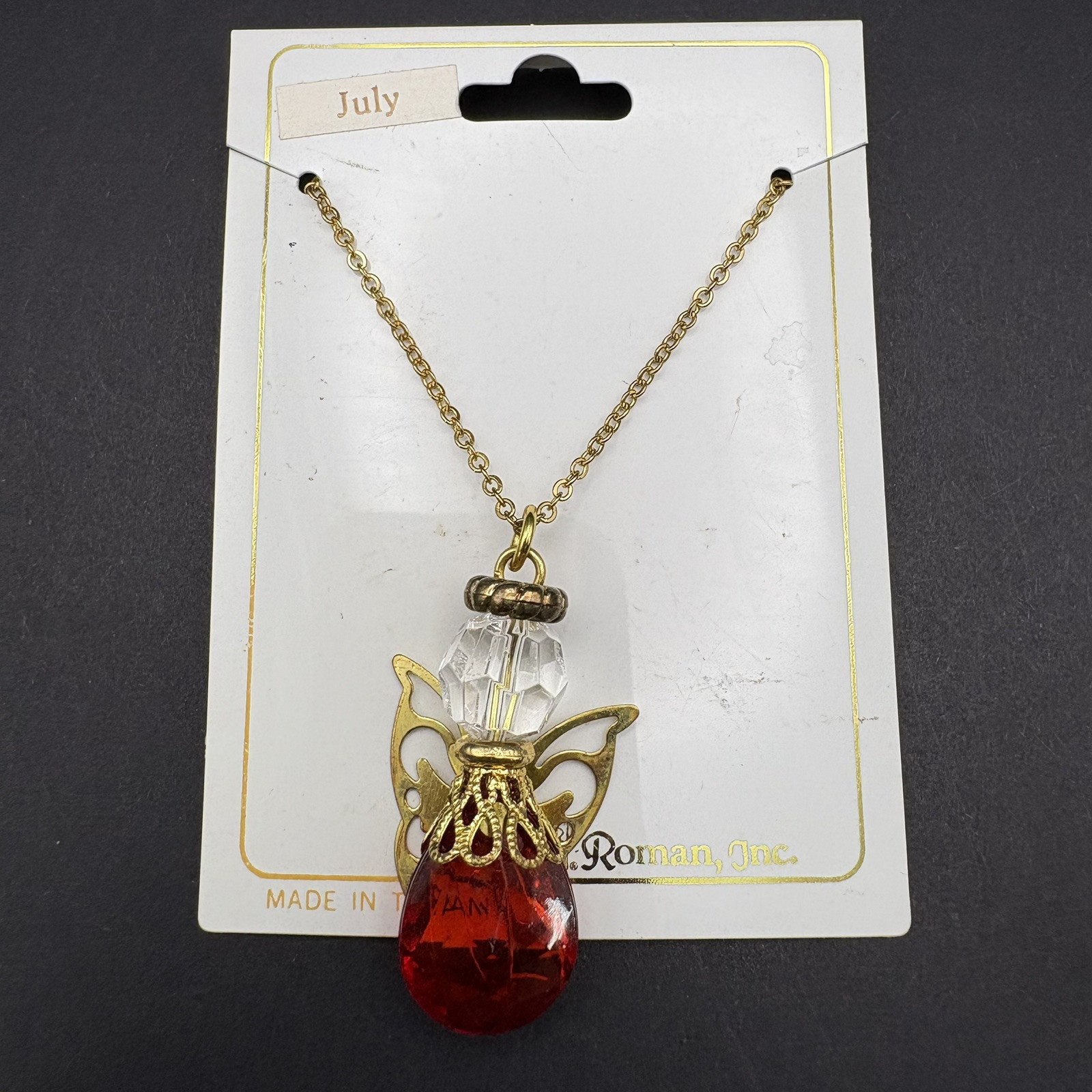 Roman Inc. July Birthstone Faux Ruby Pendant Necklace Gold Tone Angel Charm