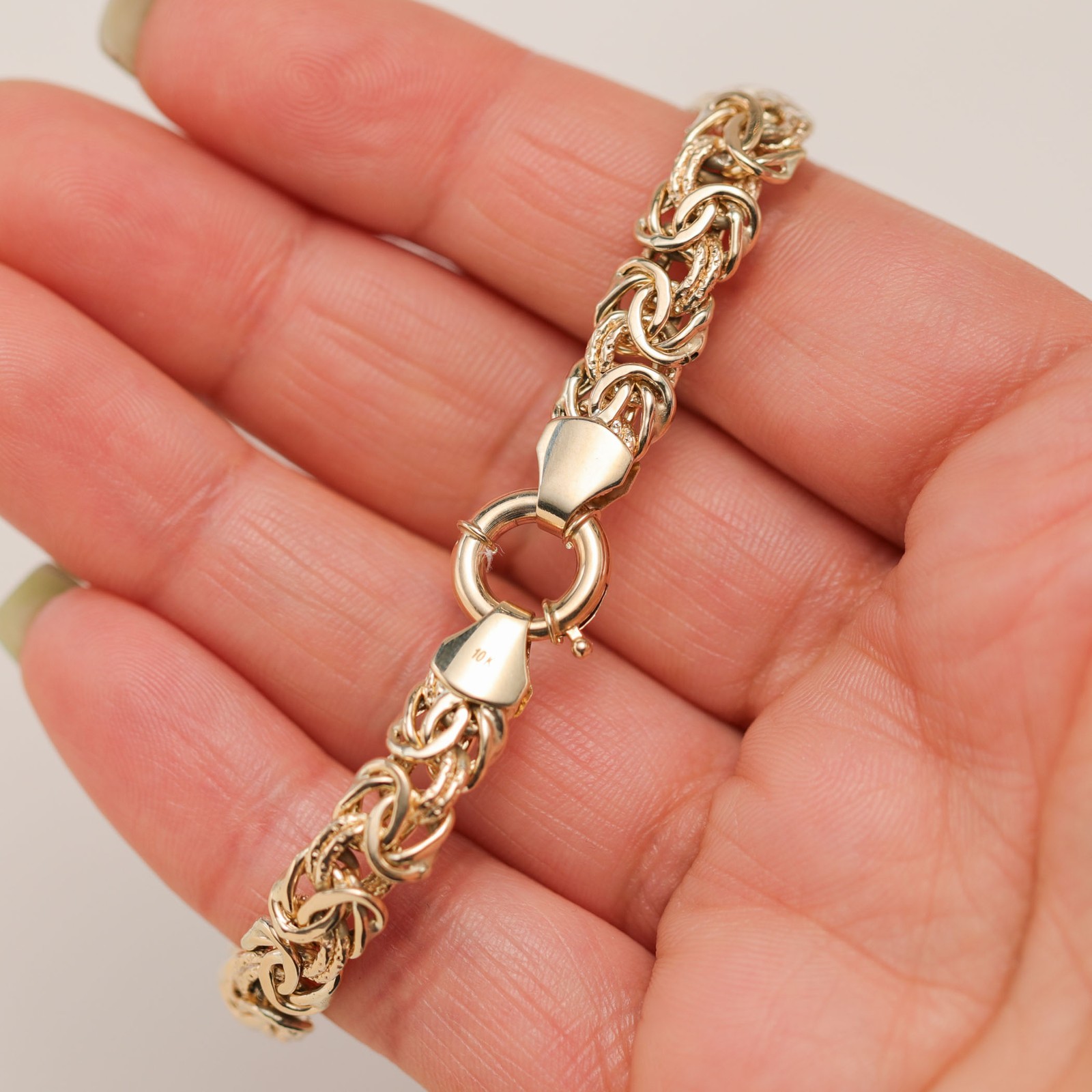10K GOLD 7mm Textured Byzantine Chain Bracelet Fancy Lock Yellow Gold