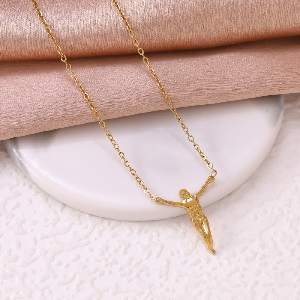 Cross Angel Statue Titanium Steel Golden Portrait Pendant Hip-hop Necklace Gift