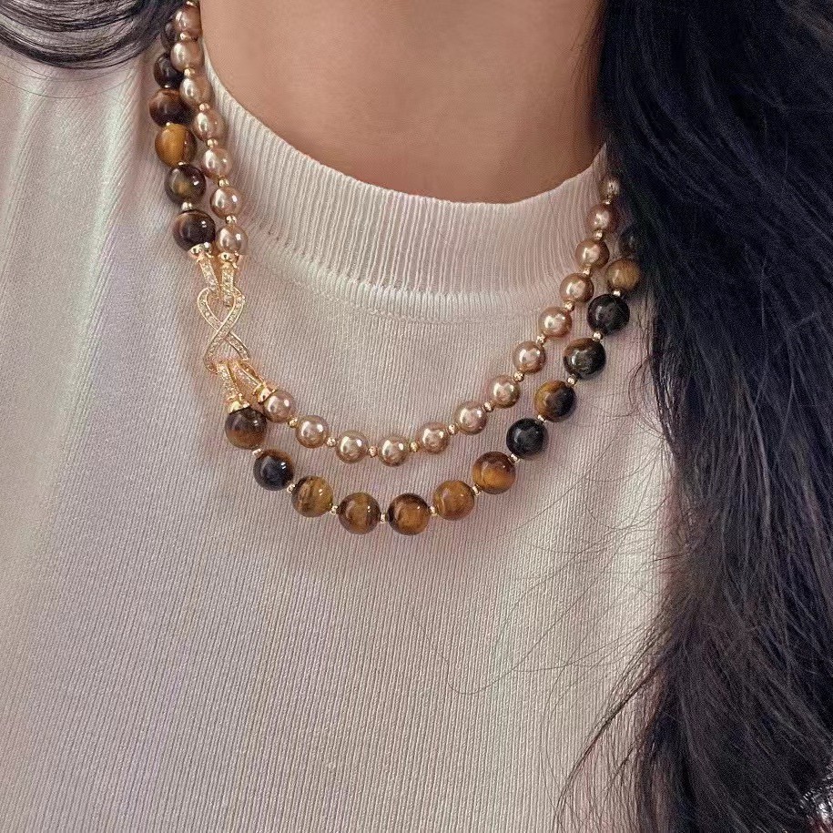 Meirade Style 8+10mm/0.32+0.39in Tiger’s Eye Double-Layer Pearl Necklace