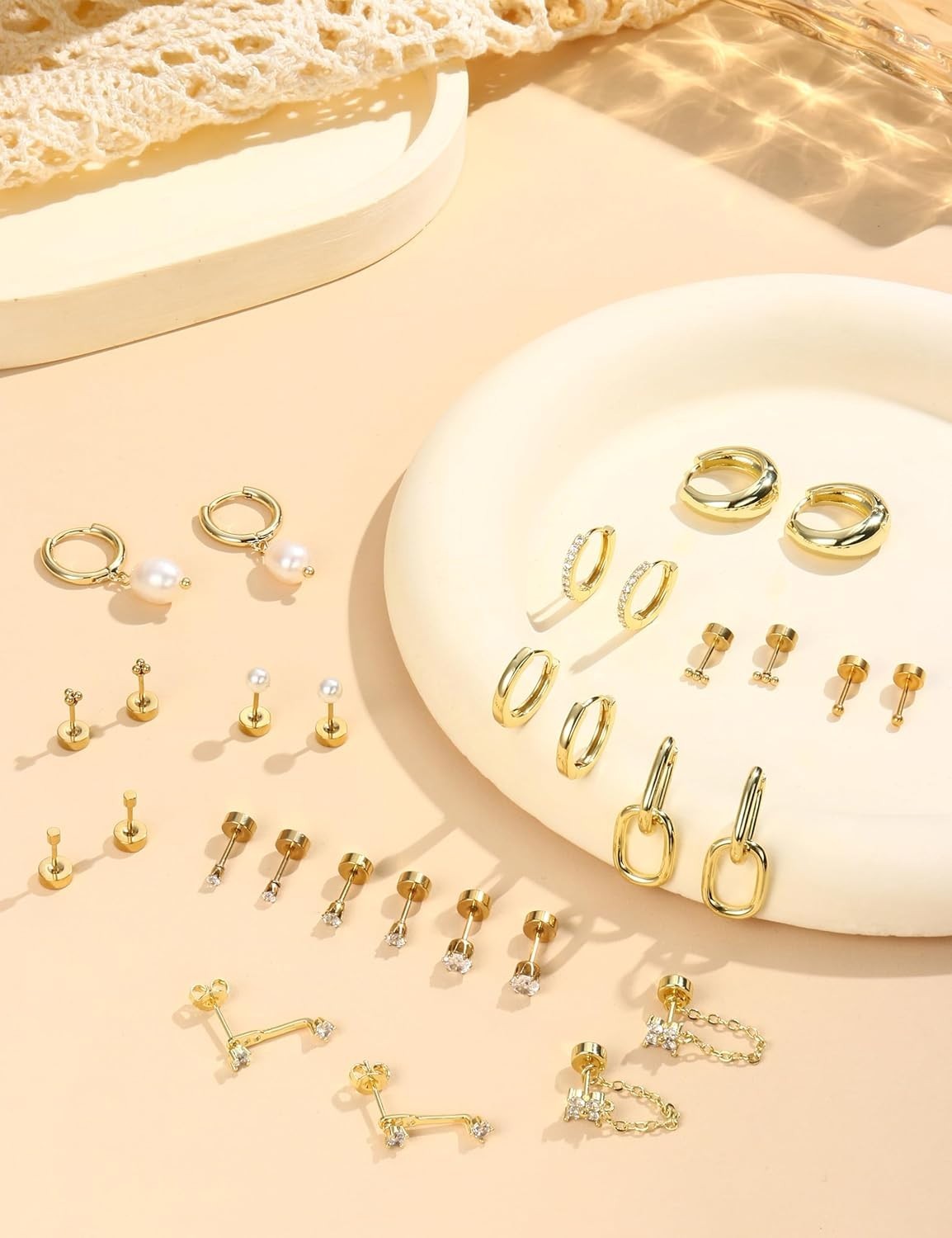 Flat Back Hypoallergenic Surgical Steel Earrings – 20G Gold Plated Stud Set