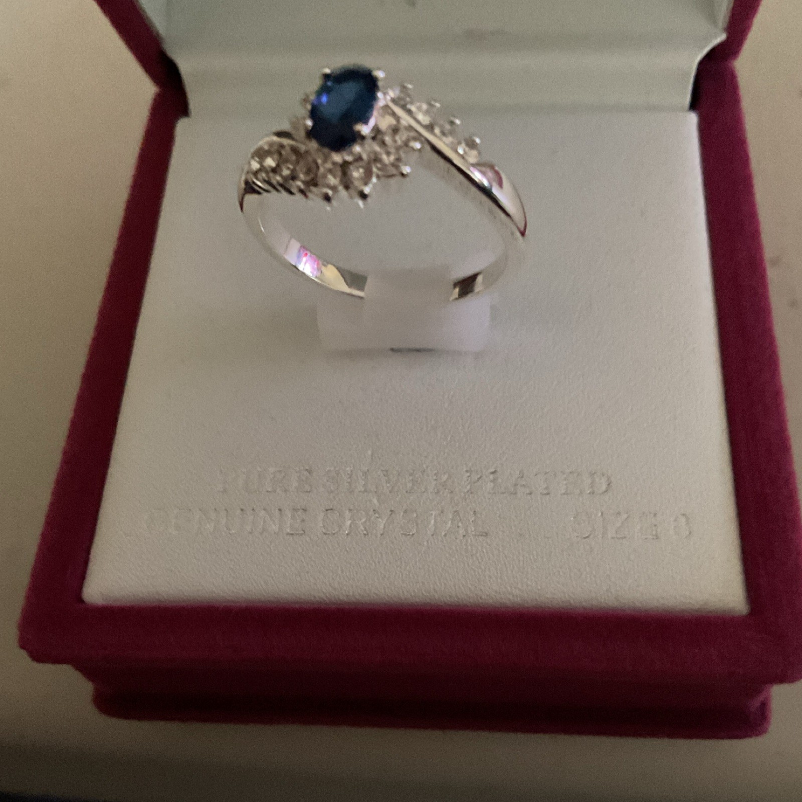 Allure Silver Plated Cocktail Ring Blue Oval Crystal Prong Set Size 8