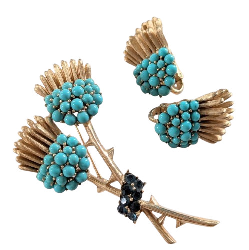 Crown Trifari Vintage Thistle Brooch & Earrings Set Turquoise 2.8in Auth