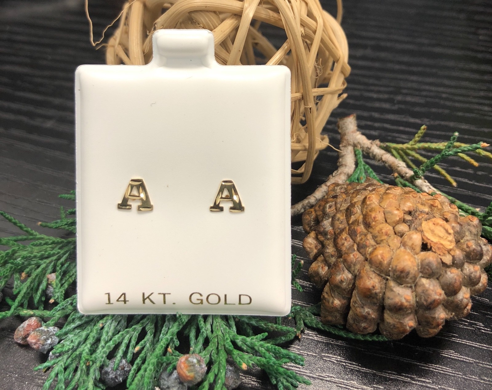 New 14k Real Yellow Gold Initial Letters Stud Earrings For Women Kids Baby Girls