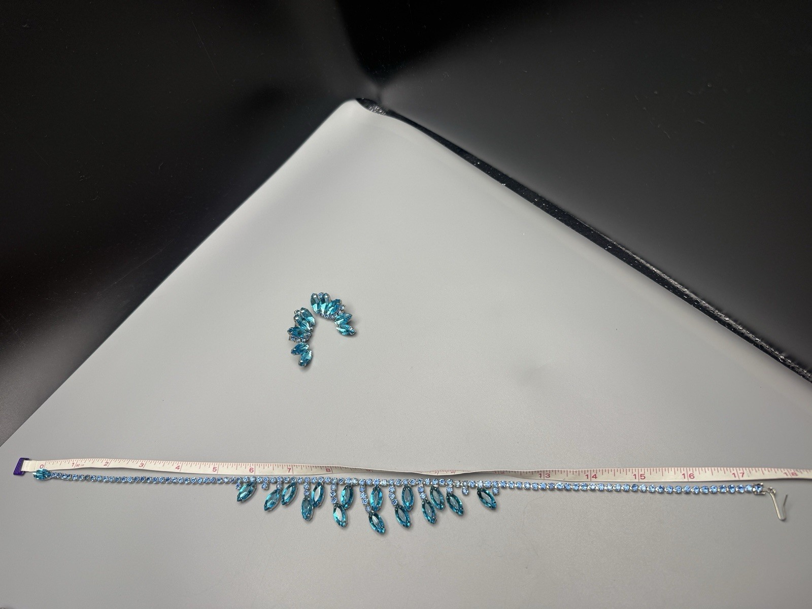 Necklace & Clip On Earrings Set Aqua Blue Rhinestone Fringe Style VTG 17” 50-60s