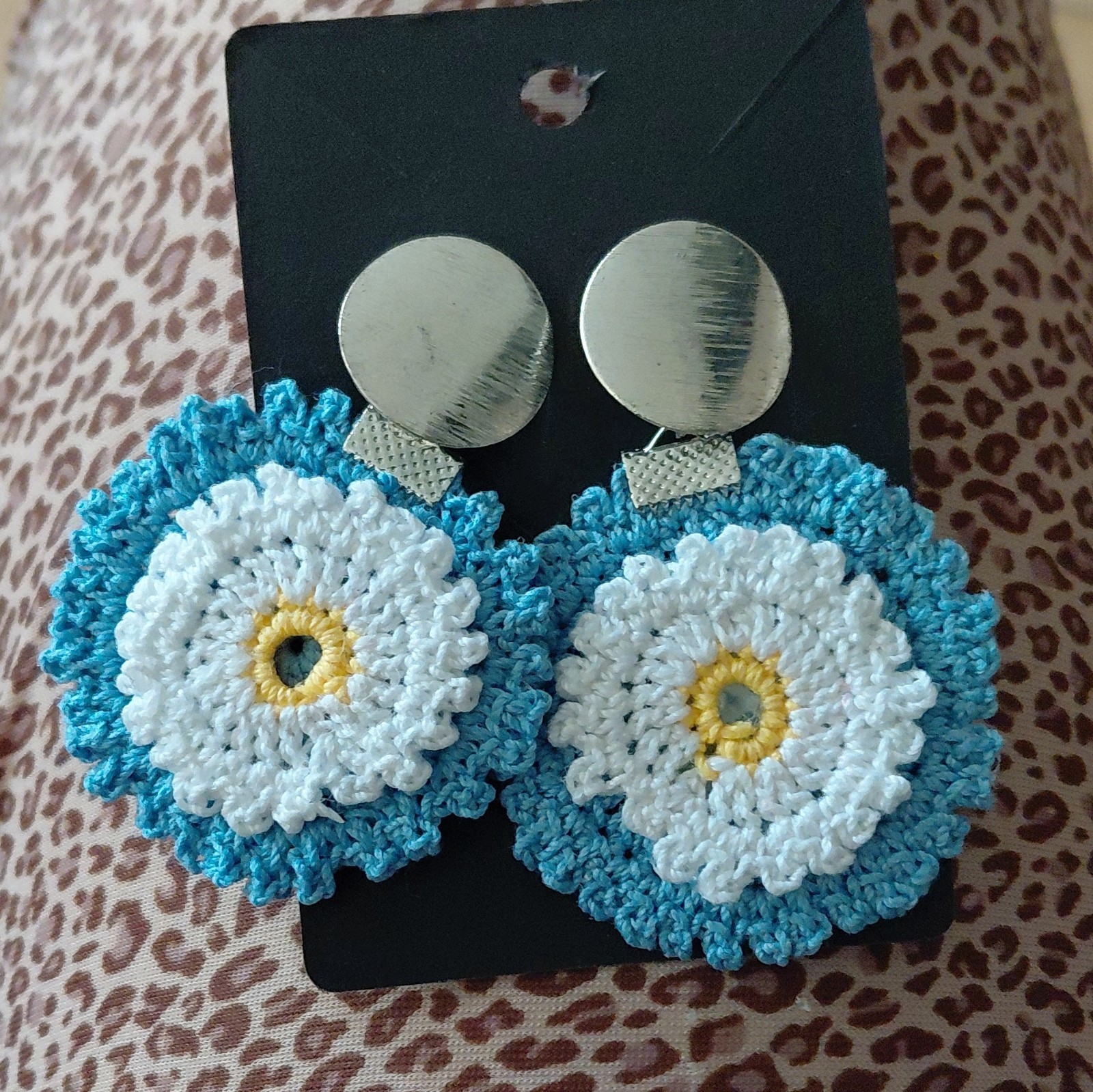 Handcrafted Crochet Cotton Flower Dangle Earrings Butterfly Closure Blue White