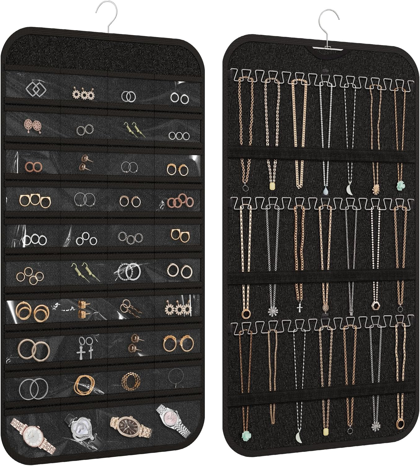 Double-Sided Jewelry Organizer with Hooks & Pockets for Necklaces and Earrings