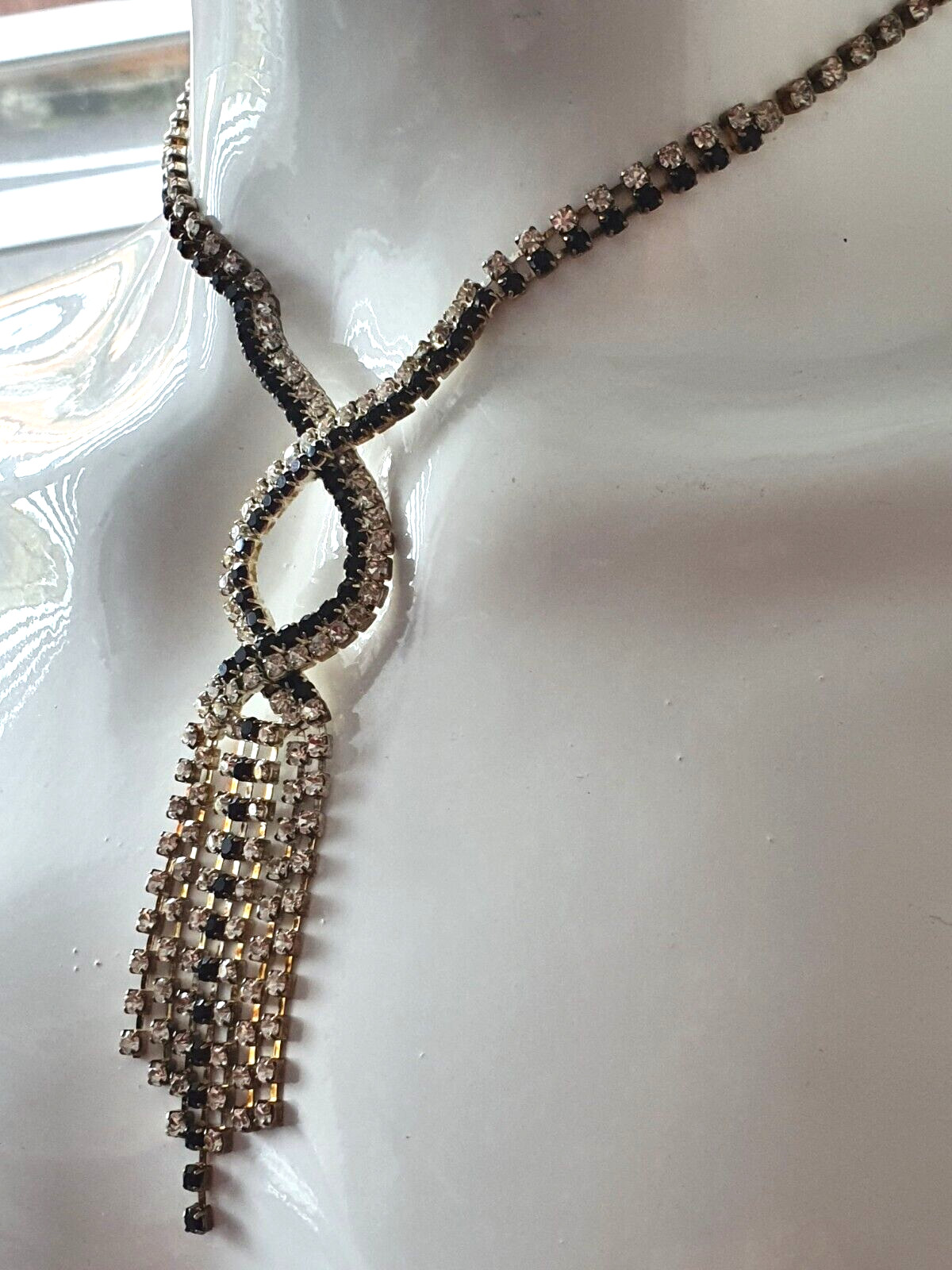 Sparkly Purple Clear Rhinestone Silver Tone Crossover Tassel Y-Drop Necklace
