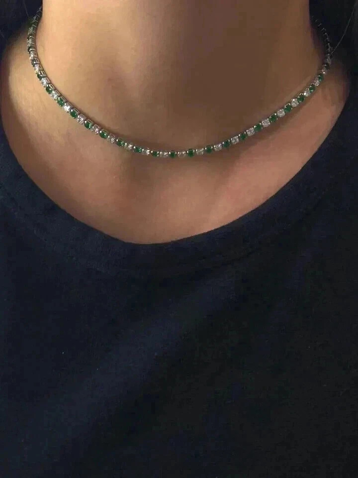 8Ct Round Cut Lab Created Emerald Women’s Tennis Necklace 14K White Gold Finish