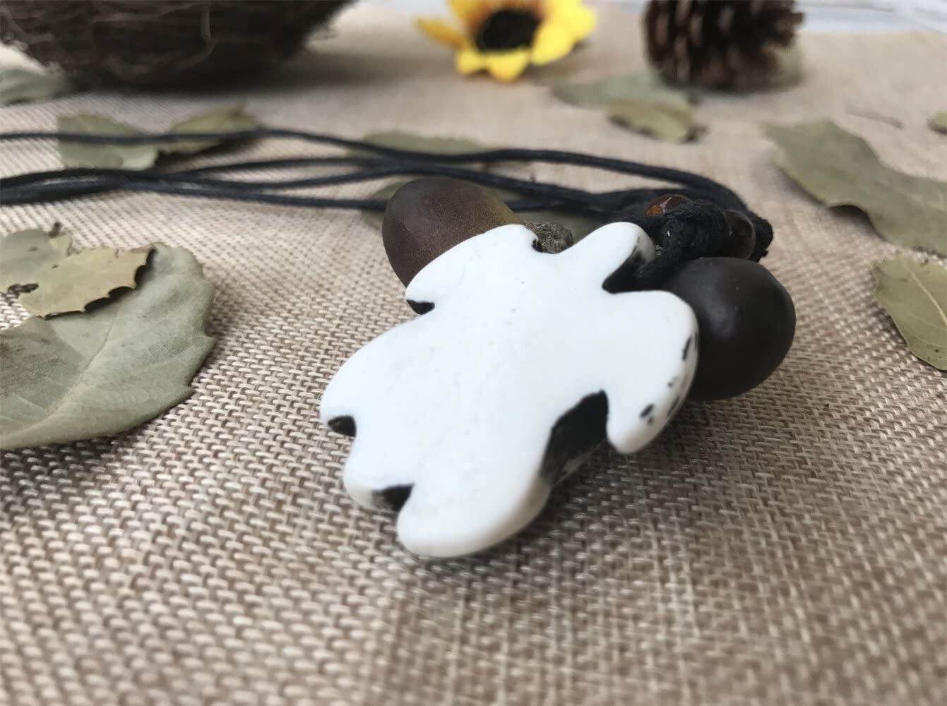 Lot of 2, White & Brown Wood Turtle Pendant Rope Necklace, Sun, Cotton Cord