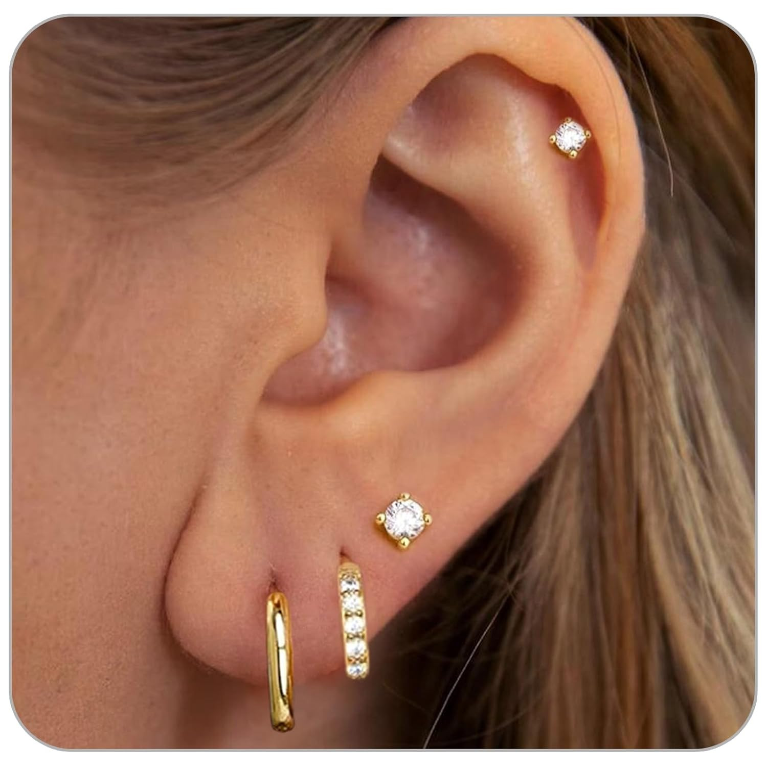 4 Pairs Gold Studs Earrings for Women, 14K Gold Plated Huggie Hoop Stack Earring
