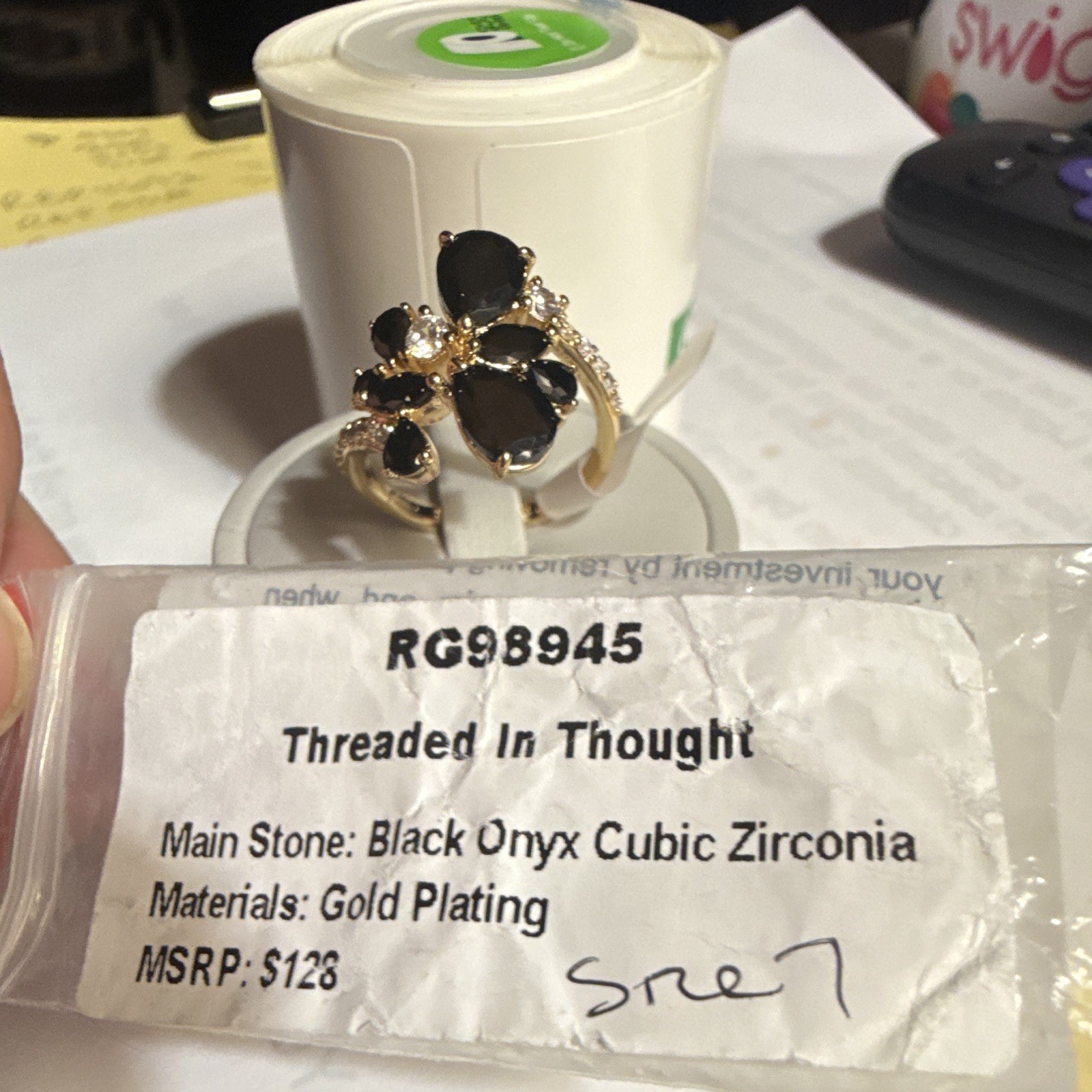 Threaded In Thought Gold Plated Black Onyx CZ Floral Cocktail Ring Sz 7 RG98945