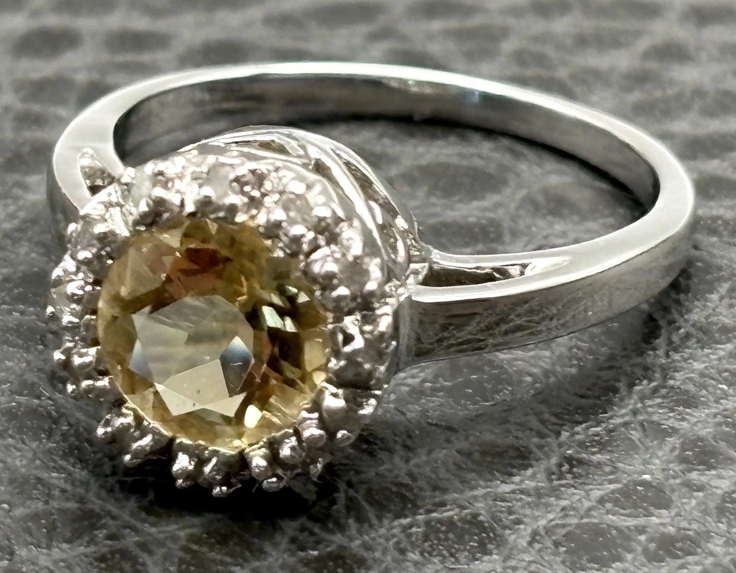 Silver Tone Faux Citrine CZ Halo Ring Heart Filigree Setting Size 7