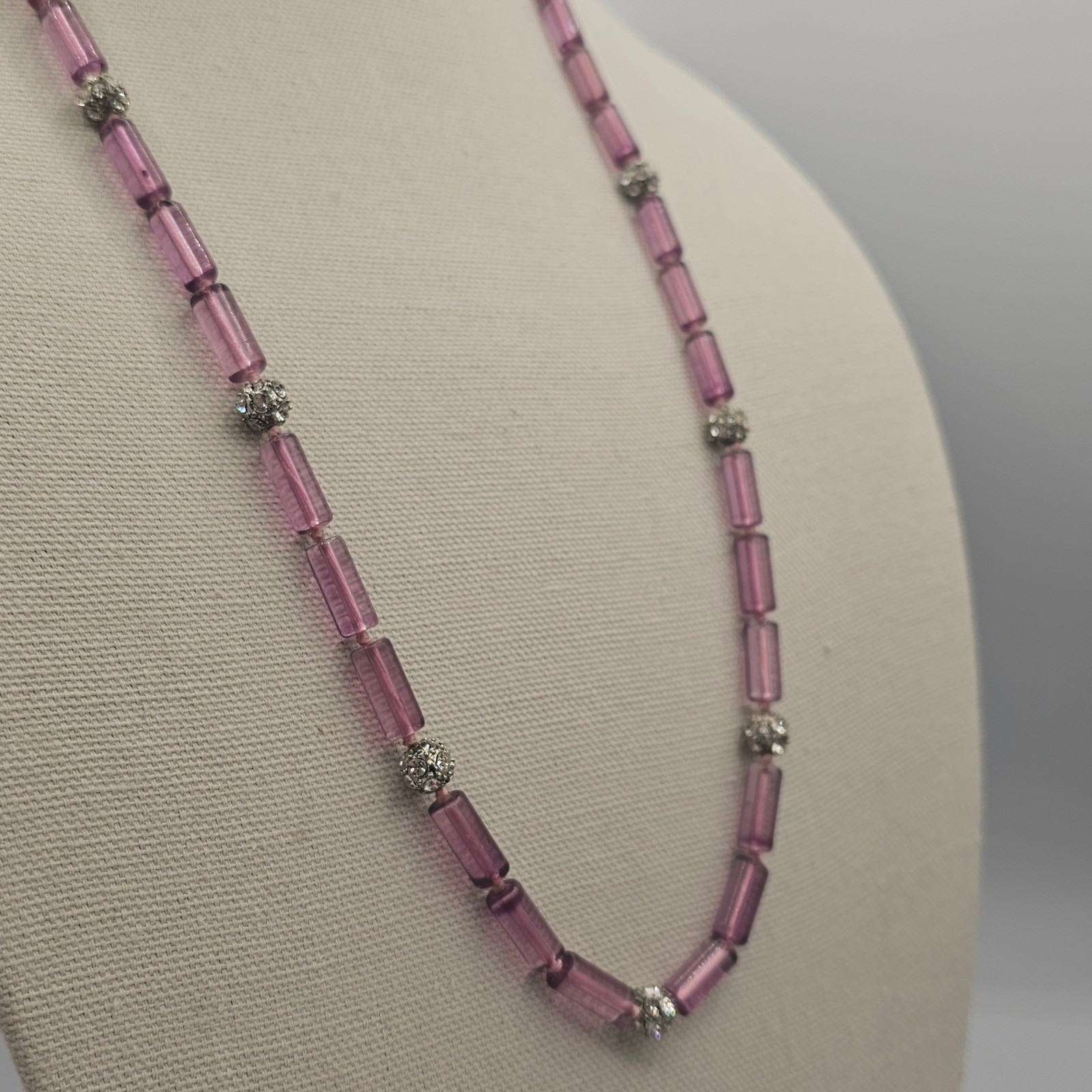 Lavender Purple Tube Bead Ribbon Tie Necklace Rhinestone Bead Spacers Coquette