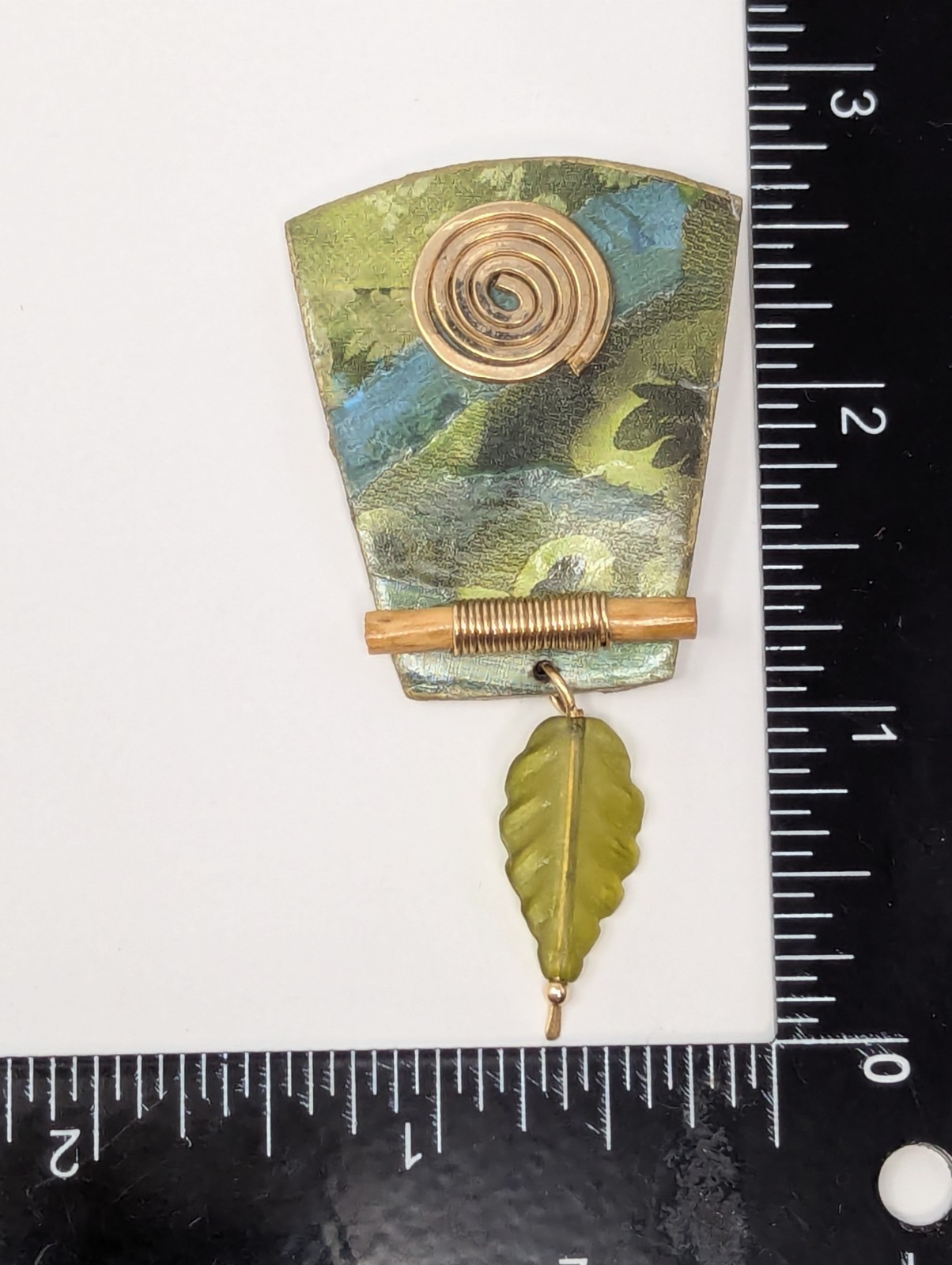 Suzan R Mixed Media Brooch Artisan Studio Jewelry Fabric Metal Leaf Dangle 2.5″