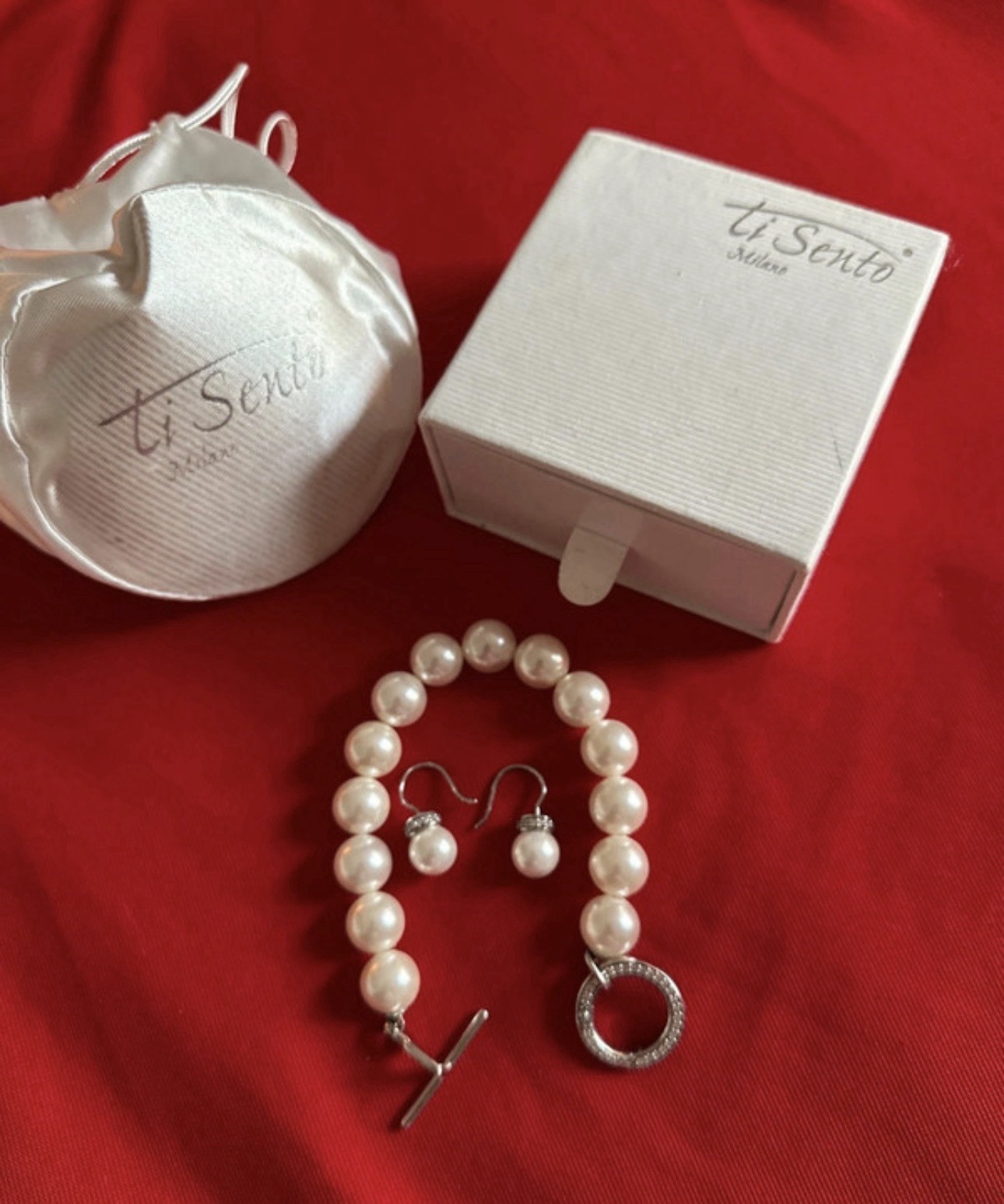 Ti Sento Milano pearl jewelry set sterling silver bracelet & drop earrings pavé