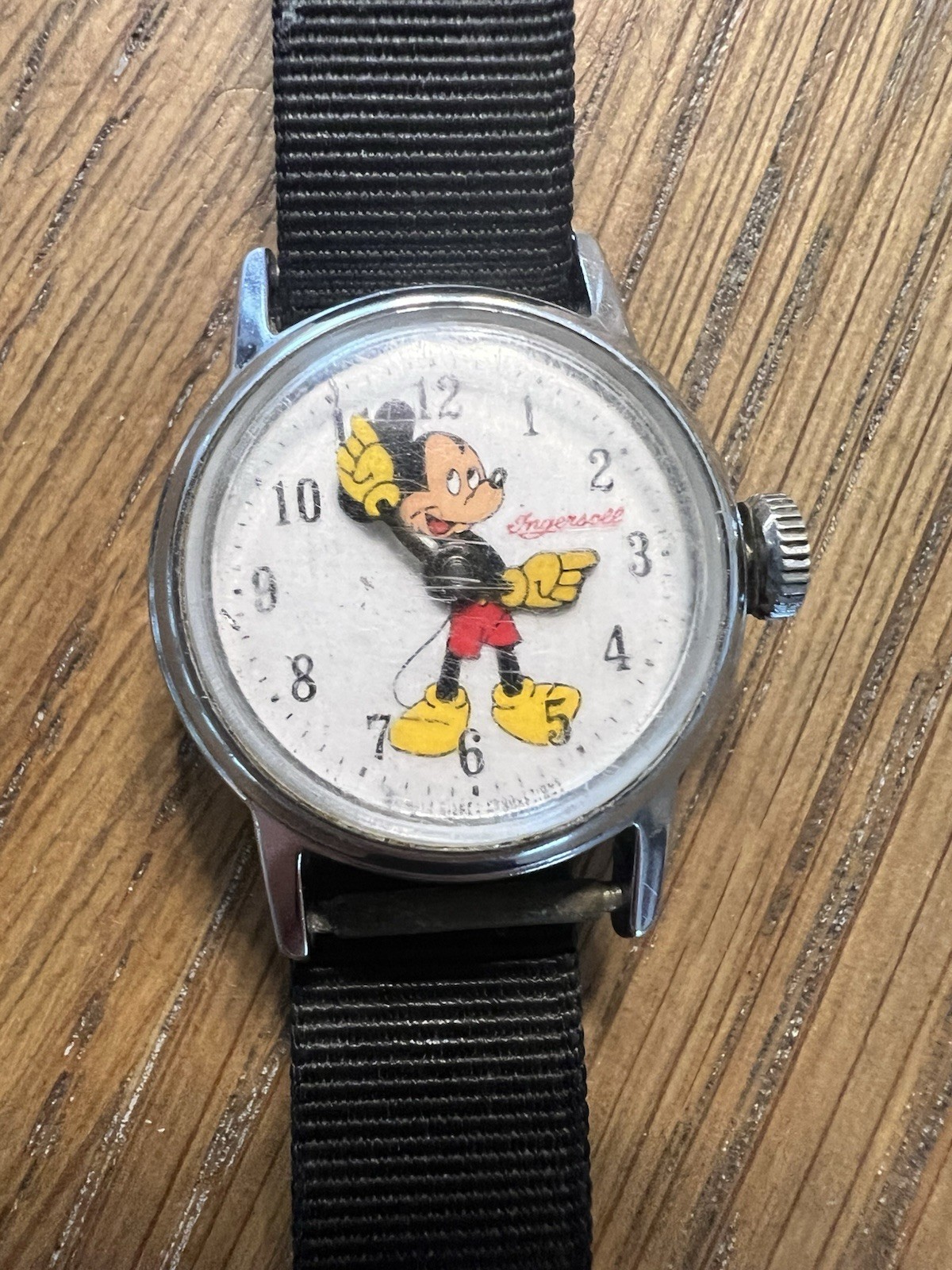 Ingersoll Mickey Mouse Manual Wind Vintage Watch 1950s Silver Case Black Nylon