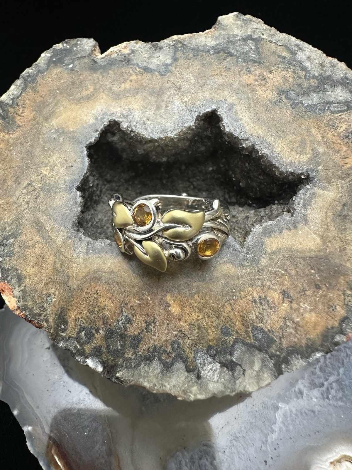 Barbara Bixby Sterling 925 & 18k Gold Leaves Citrine Gemstone Band Ring Size 8
