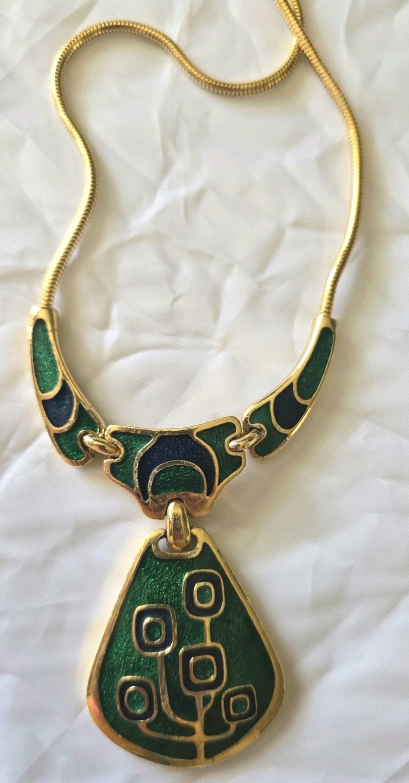 Vintage 1970s Blue & Green Enamel Gold Tone Collar Necklace, made in Thailand