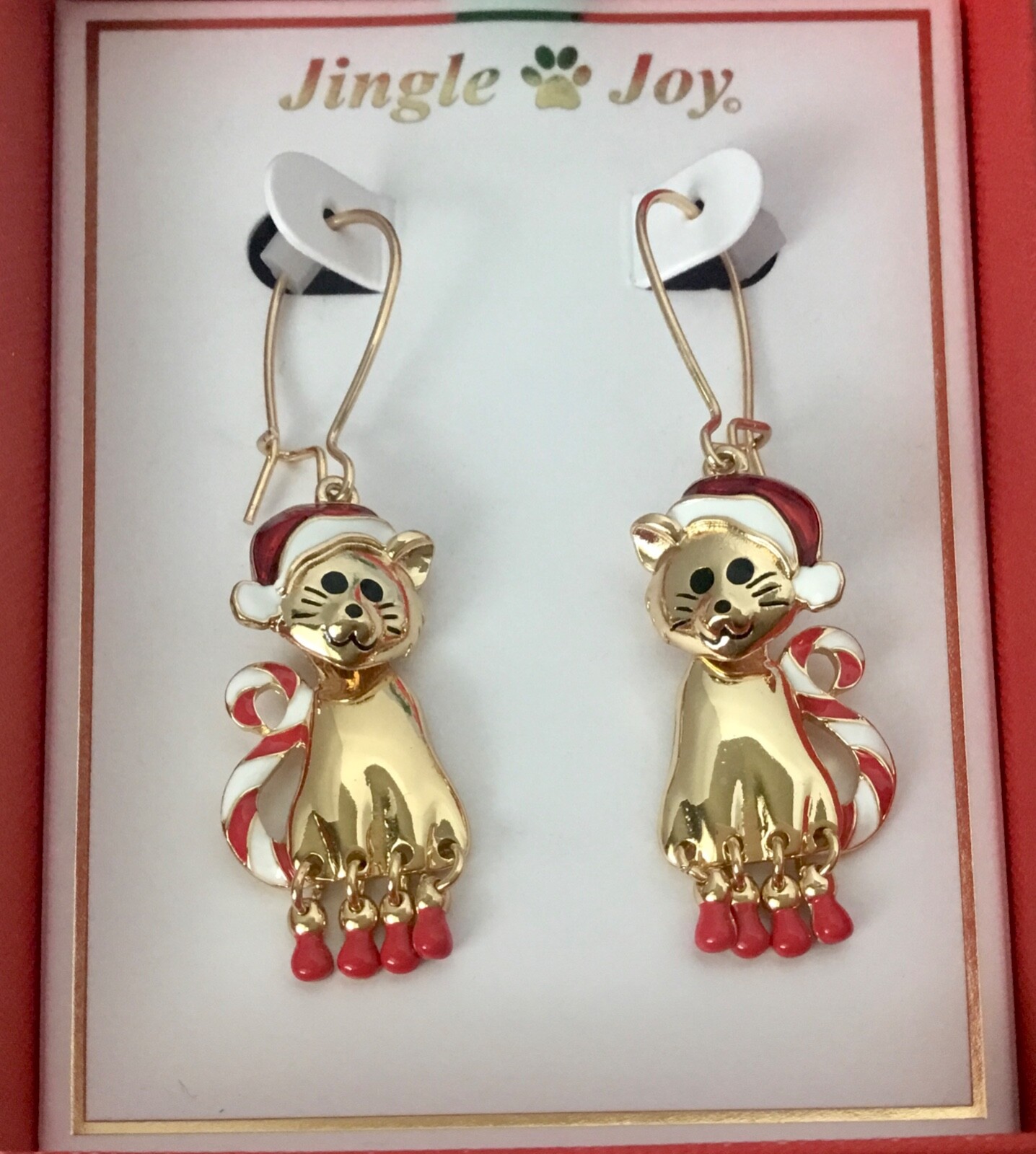 Jingle & Joy Christmas Kitty Cat With Santa Hat & Striped Tail Dangle Earrings