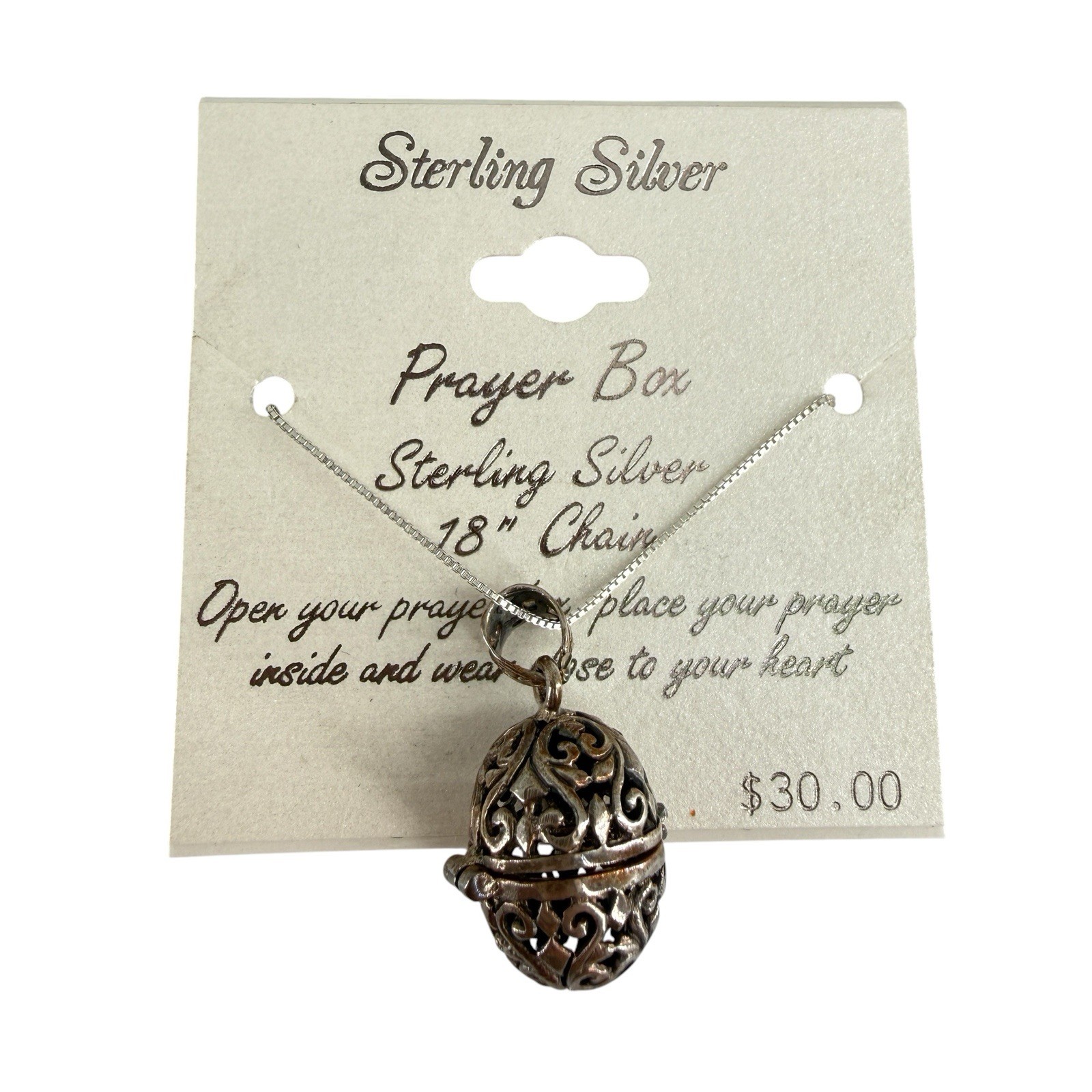 Sterling Silver Prayer Box Pill Locket Necklace Filigree Egg Pendant 18” Italy