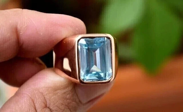 4CT Emerald Cut Aquamarine Men’s Wedding Ring 14K Rose Gold Finish