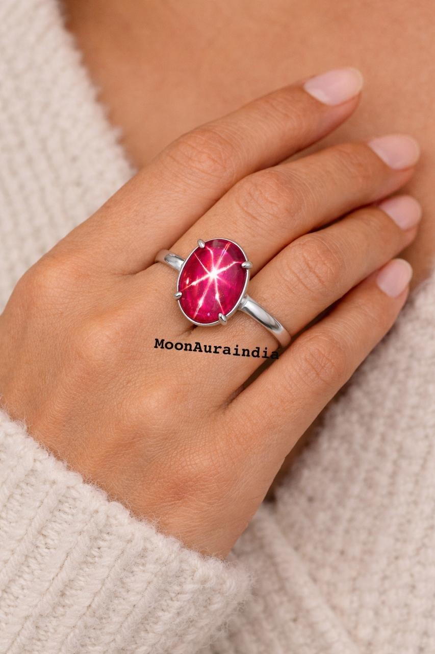 24CTs Natural Star Ruby Ring Gemstone Oval cut 925 Silver Ring 6 Rays star Ruby