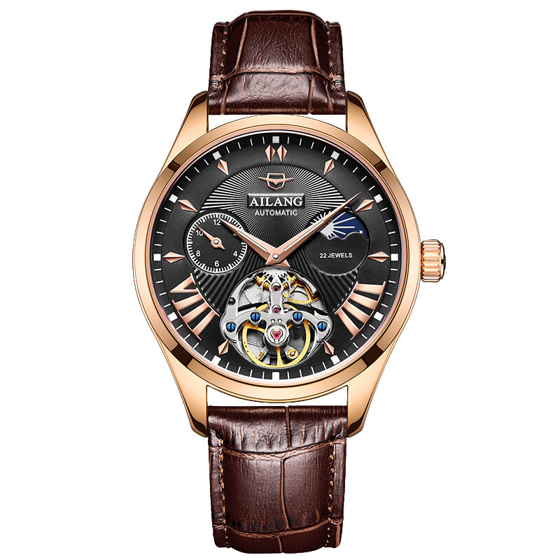 AILANG Men Watch Moon Phases Hollow Automatic Mechanical Wristwatches Waterproof