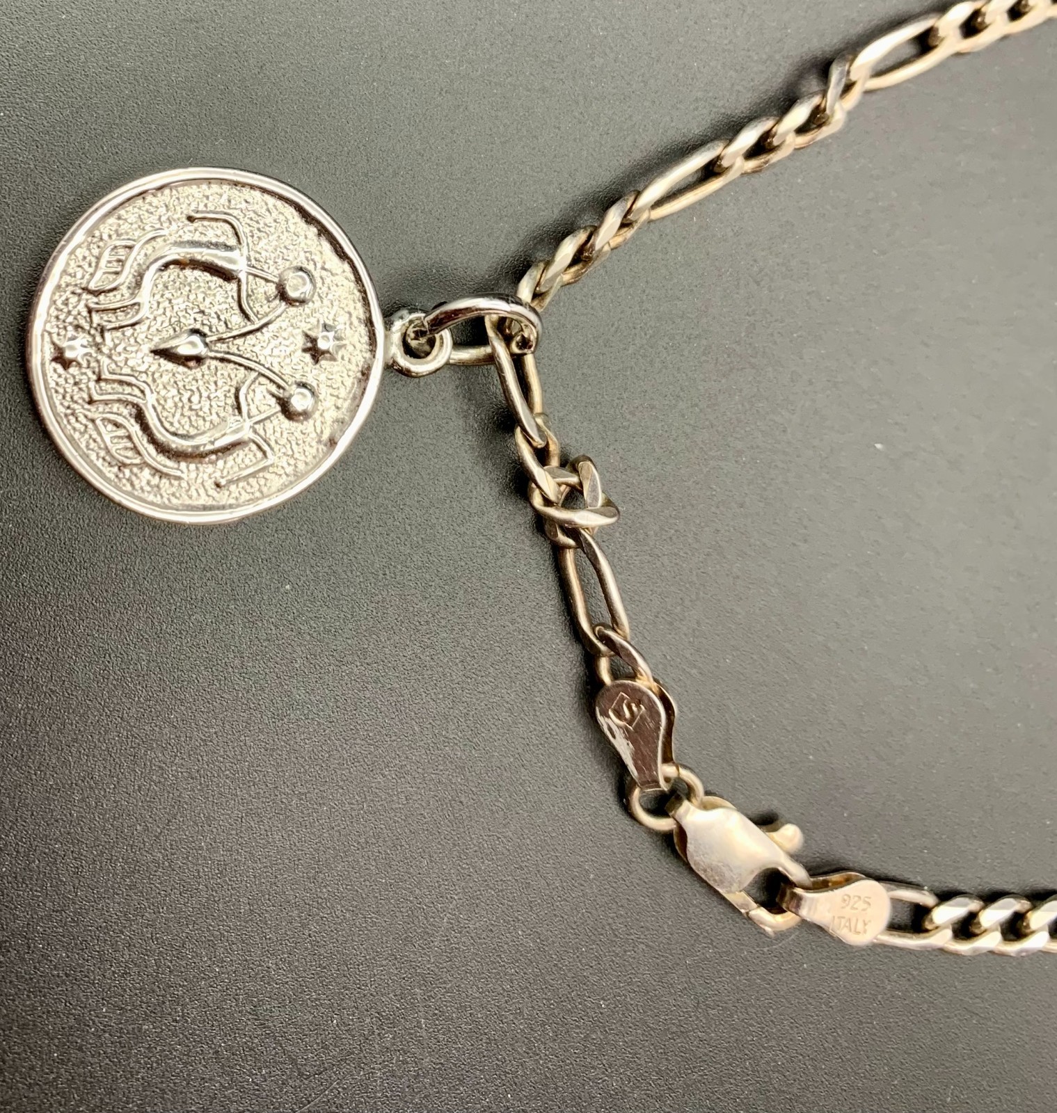 Vintage Italy 925 Figaro Chain Bracelet With Zodiac Style Charms 8.25″