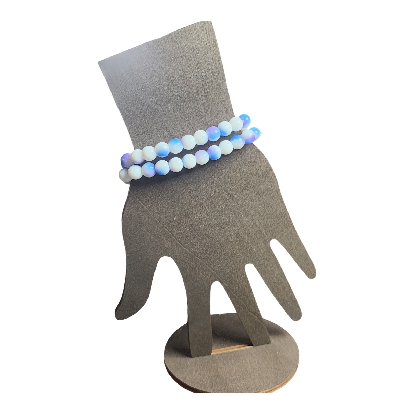 Iridescent Ombre Glass Beaded Stretch Bracelet — Blue, Violet & White