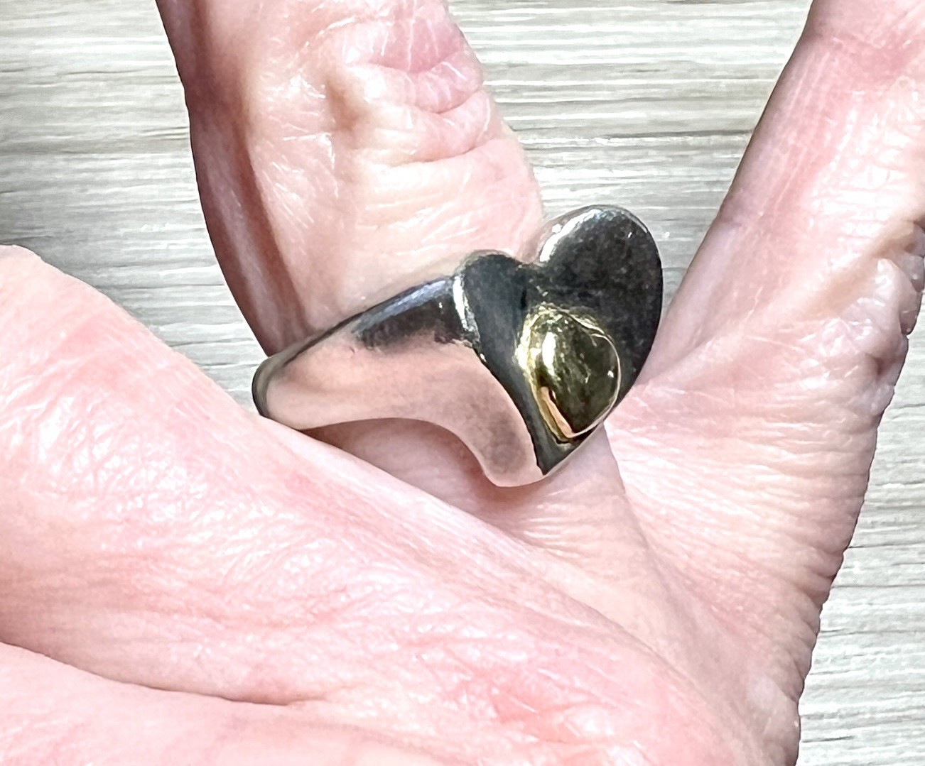 Designer Signed C^A Sterling Silver & 18k Gold Double Heart Ring, Size 6.5
