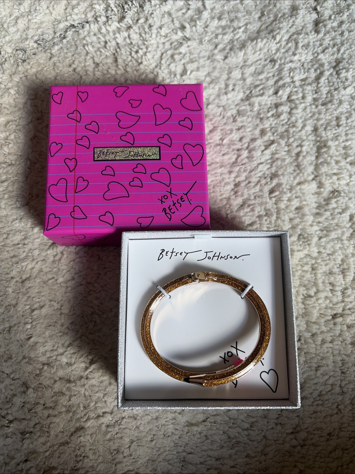 Betsey Johnson Open Hinge Gold Tone Glitter Pencil Bracelet W/Gift Box