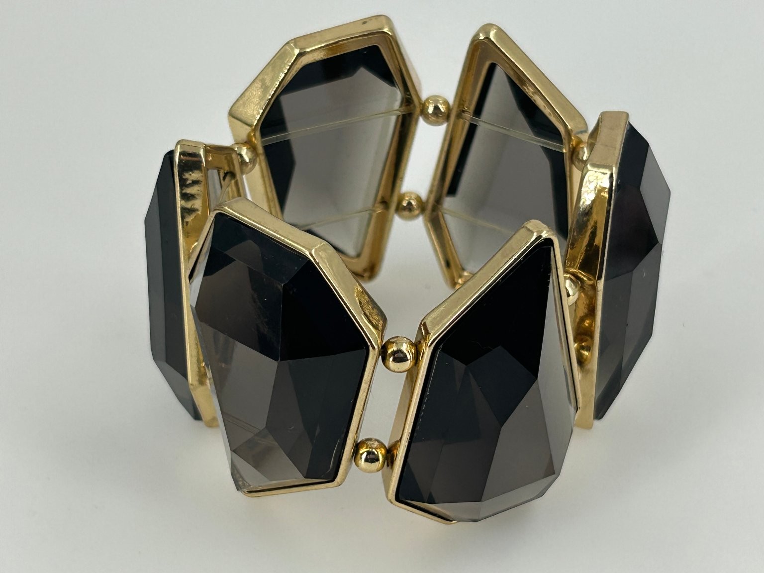 Fashion Geometric Faceted Black Stone Gold Tone Stretch Bracelet 9in