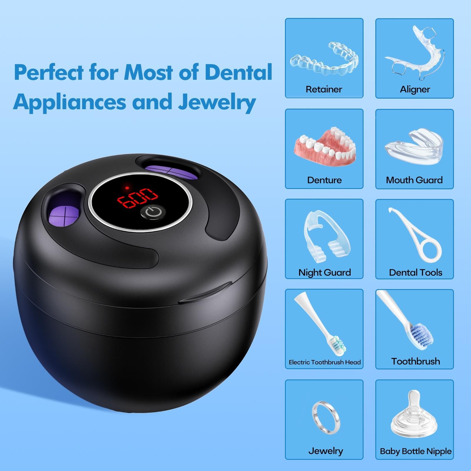 Ultrasonic Cleaner 45kHz for Dentures, Braces, Aligners, Jewelry – 200ML Capacit