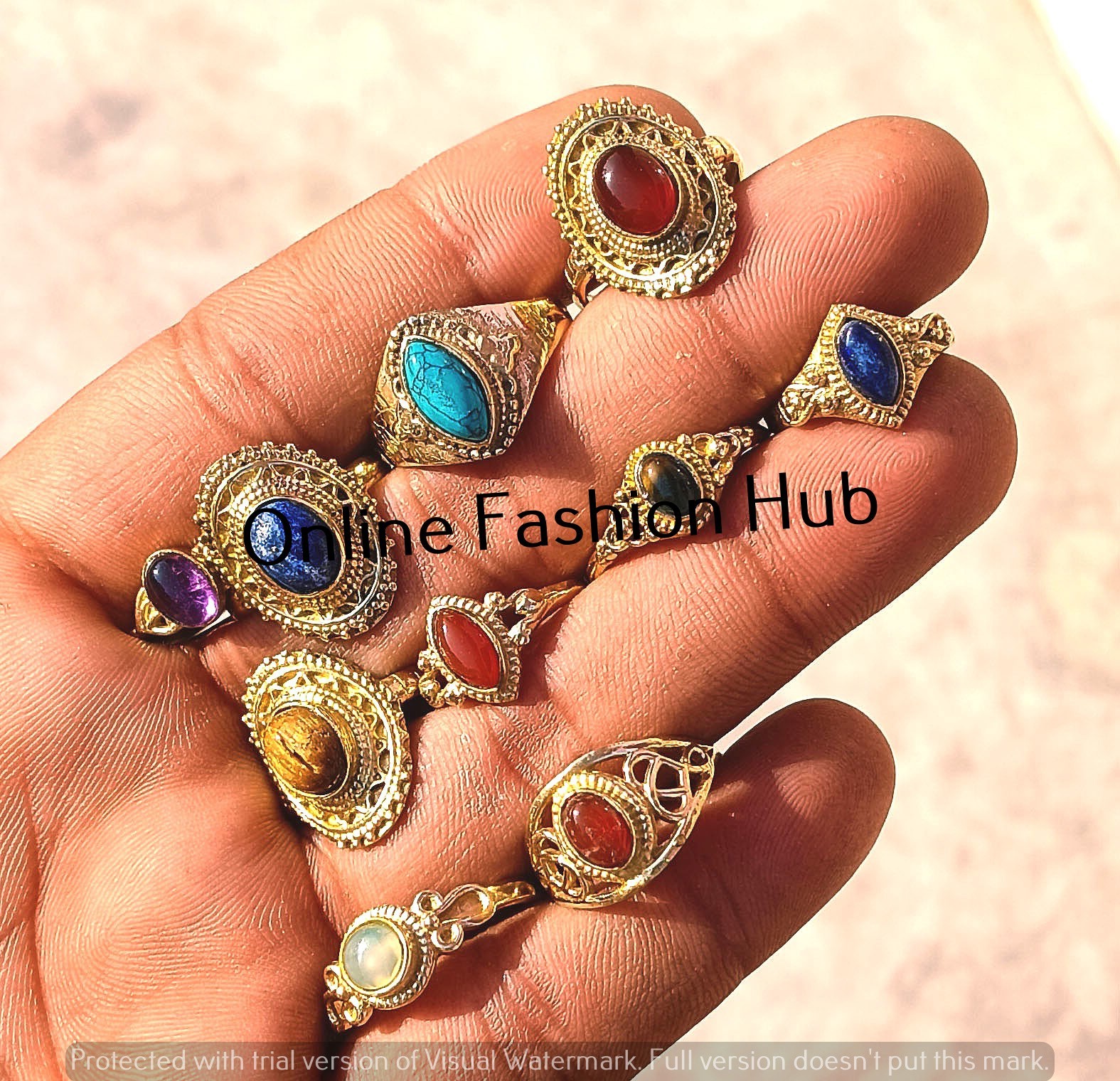 18K Gold Plated Garnet & Mix Gemstone Trendy Rings Lot Fashion Jewelry
